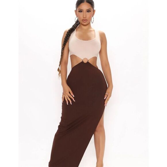 Hello Baby cut out block color Maxi Dress - Brown/combo size M - Picture 5 of 14